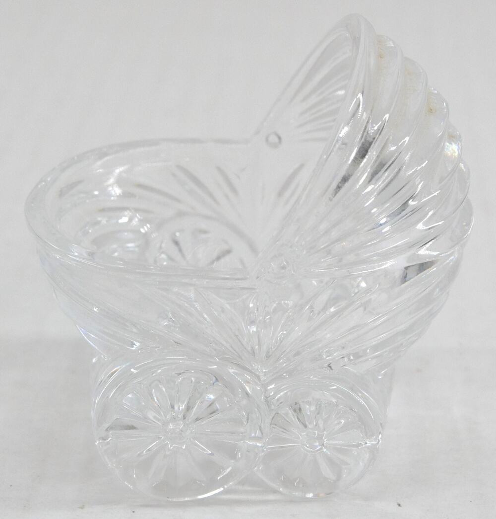 1993 Avon 24% Lead Crystal Baby Carriage Trinket 2.5” Long 3” Tall & 2” Wide